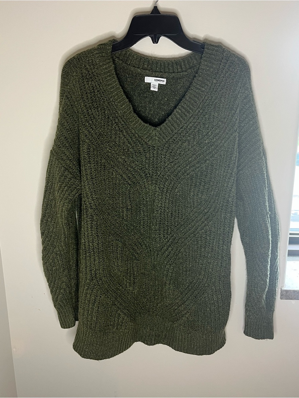 Sonoma Olive Green V-Neck Cable Knit Sweater